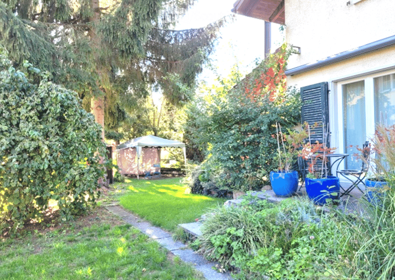 Well-maintained garden with green lawn, various plants, trees, and a small gazebo in the background.