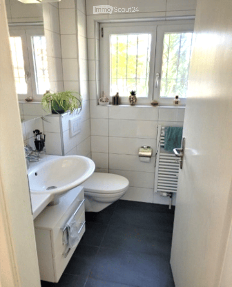 Modern bathroom with white tiles, a sink, toilet, mirror, radiator, and a small plant on the windowsill.