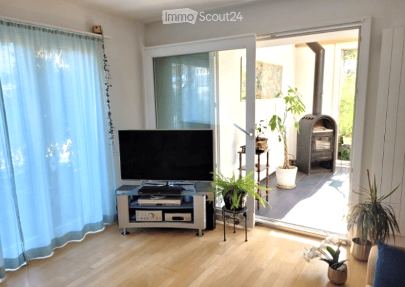 Modern living room with wooden flooring, large sliding glass door leading to a balcony, TV on a stand, small table with a plant, and a curtain on the window.