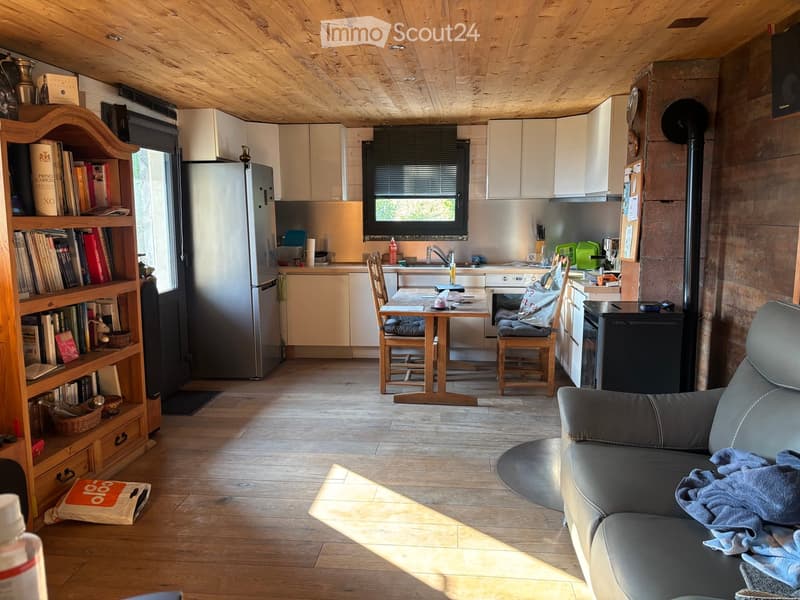 Open-plan living and dining area with a sofa, dining table, chairs, bookshelf, refrigerator, oven, sink, and faucet.