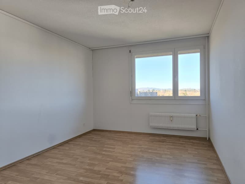 empty room, white walls, wooden floor, large window, white radiator