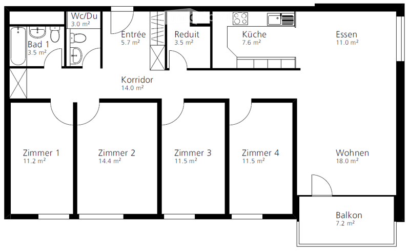 4 bedrooms, 1 bathroom, kitchen, living room, entrance, corridor, balcony