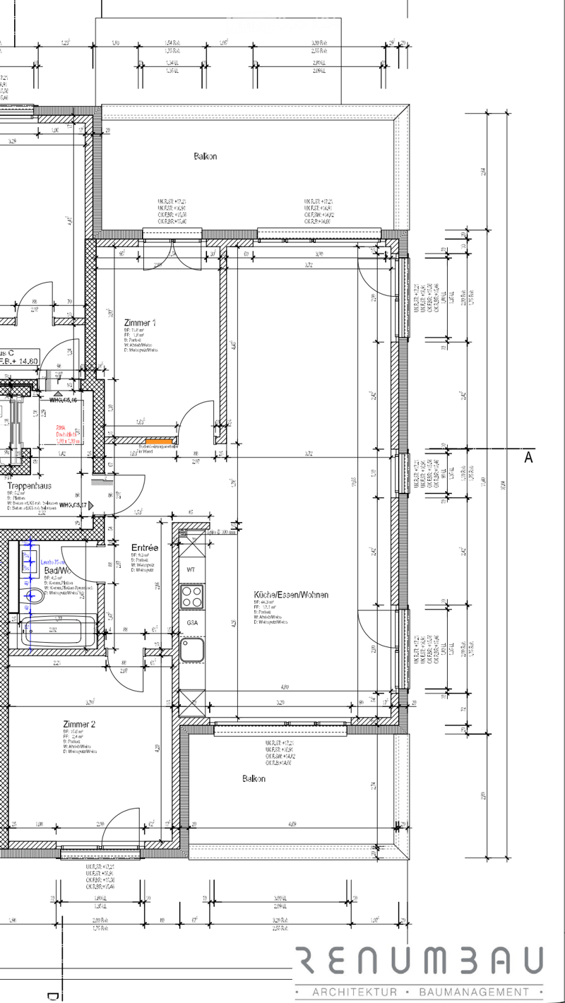 Floor plan showing a layout with labeled rooms including a kitchen/dining/living area, two bedrooms, a bathroom, an entrance, and a balcony.