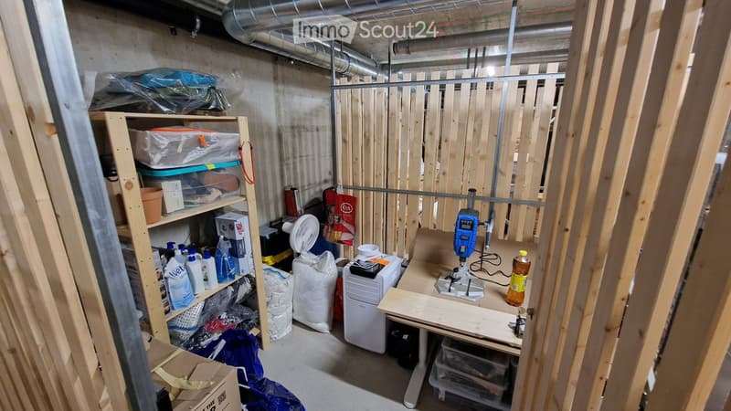 A partially constructed room with exposed wooden framing and concrete walls, containing a shelf with cleaning supplies, a fan, a small table with tools, and various storage items.