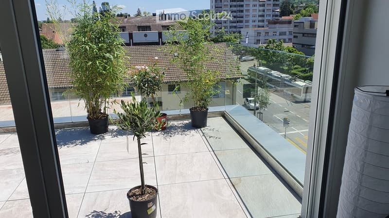 Balcony with tiled floor, glass railing, and several potted plants, overlooking a street with buildings and parked cars.