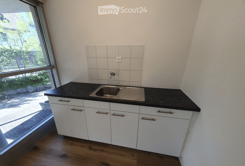 Modern kitchen with white cabinets, black countertop, and stainless steel sink. Large window offers a view of the garden.