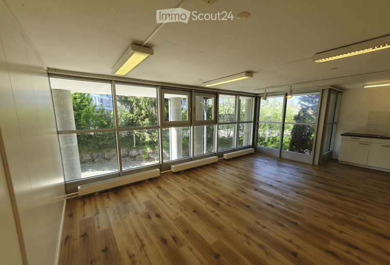 Empty room with wooden flooring, large windows, and modern lighting fixtures.