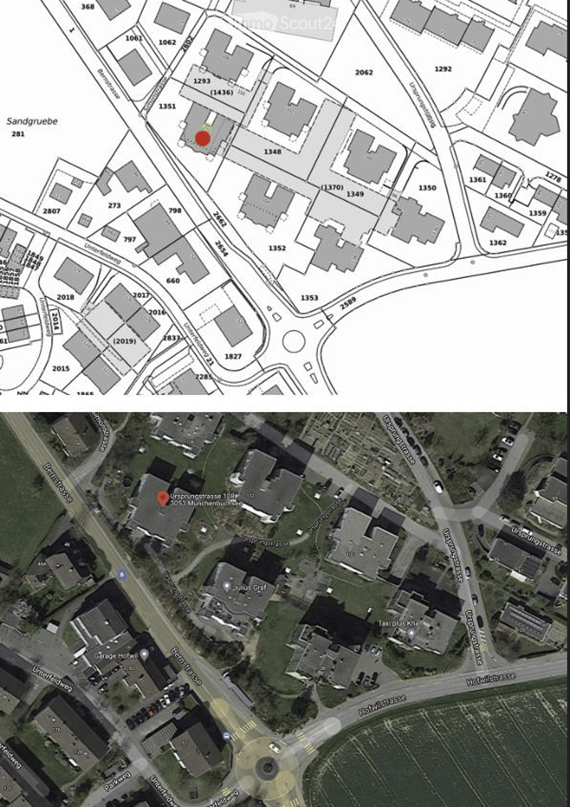 Topographic map showing a residential area with numbered buildings and streets. The bottom image is a satellite view of the same area, highlighting specific buildings and roads.