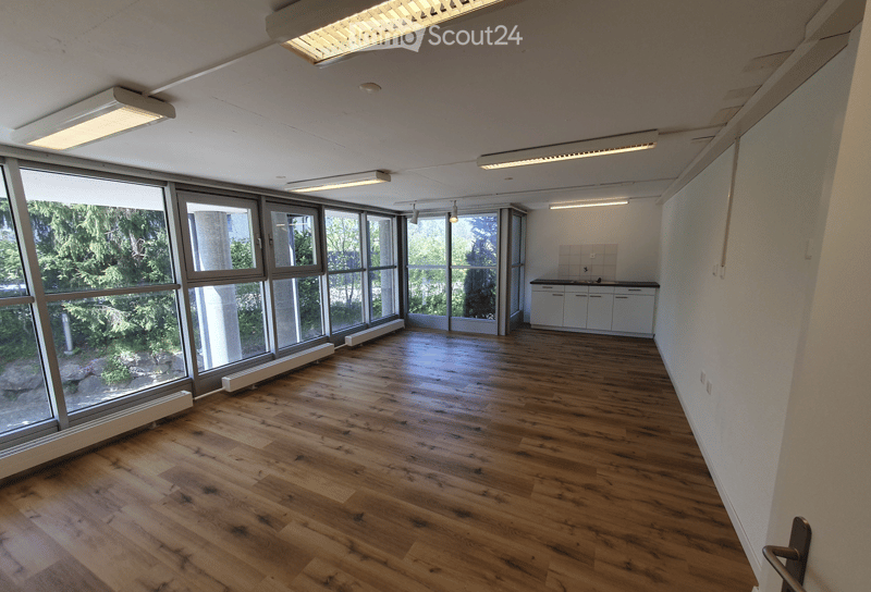 Empty room with wooden flooring, large windows, and a small kitchenette area with cabinets and sink.