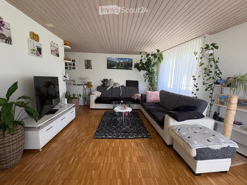 Modern living room with wooden flooring, two sofas, coffee table, TV stand, and decorative plants.
