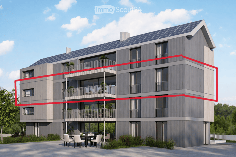 Modern multi-story residential building with grey wooden facade, large windows, balconies, and solar panels on the roof.