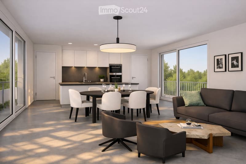 Modern open-plan living and dining area with large windows and a balcony. Features a dark brown sofa, coffee table, dining table with white chairs, and a sleek kitchen area with an oven and sink.