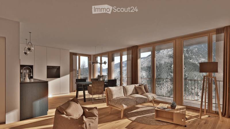 Modern living room with large windows offering a scenic mountain view, featuring a beige sofa, coffee table, dining area with chairs and table, pendant lights, and a floor lamp.