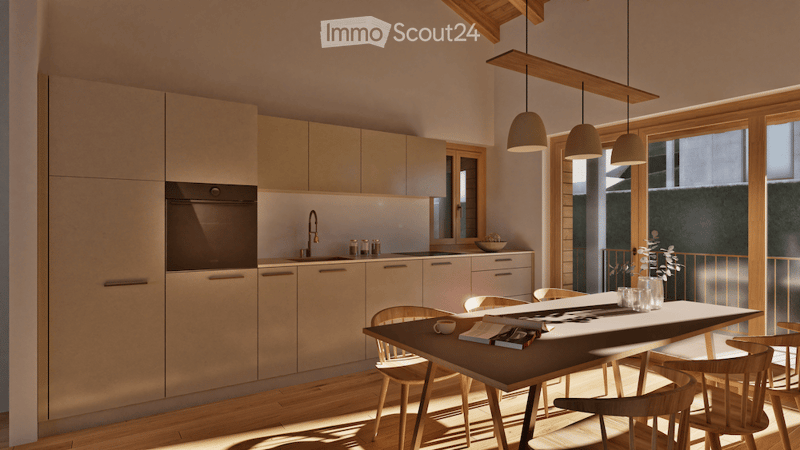 Modern kitchen with light wood cabinetry, stainless steel oven, sink, and pendant lights. A dining table with chairs is placed near large windows.