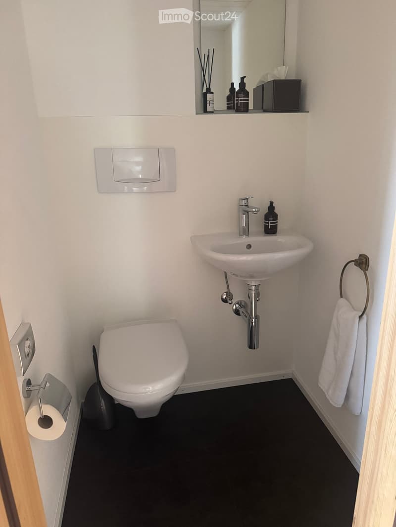 Modern bathroom with white walls, black floor, toilet, sink, mirror, and towel.