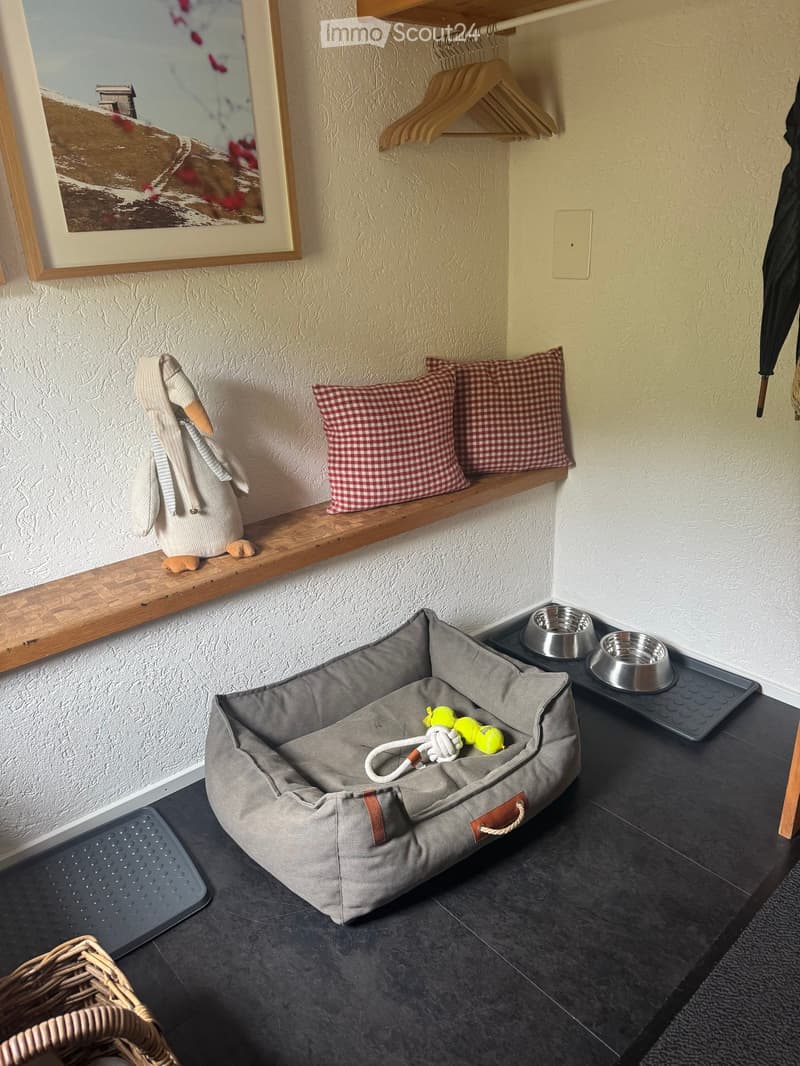 A cozy pet corner with a grey pet bed, two metal bowls on a tray, a stuffed penguin toy, and two checkered pillows on a wooden shelf. A framed picture hangs above the shelf.