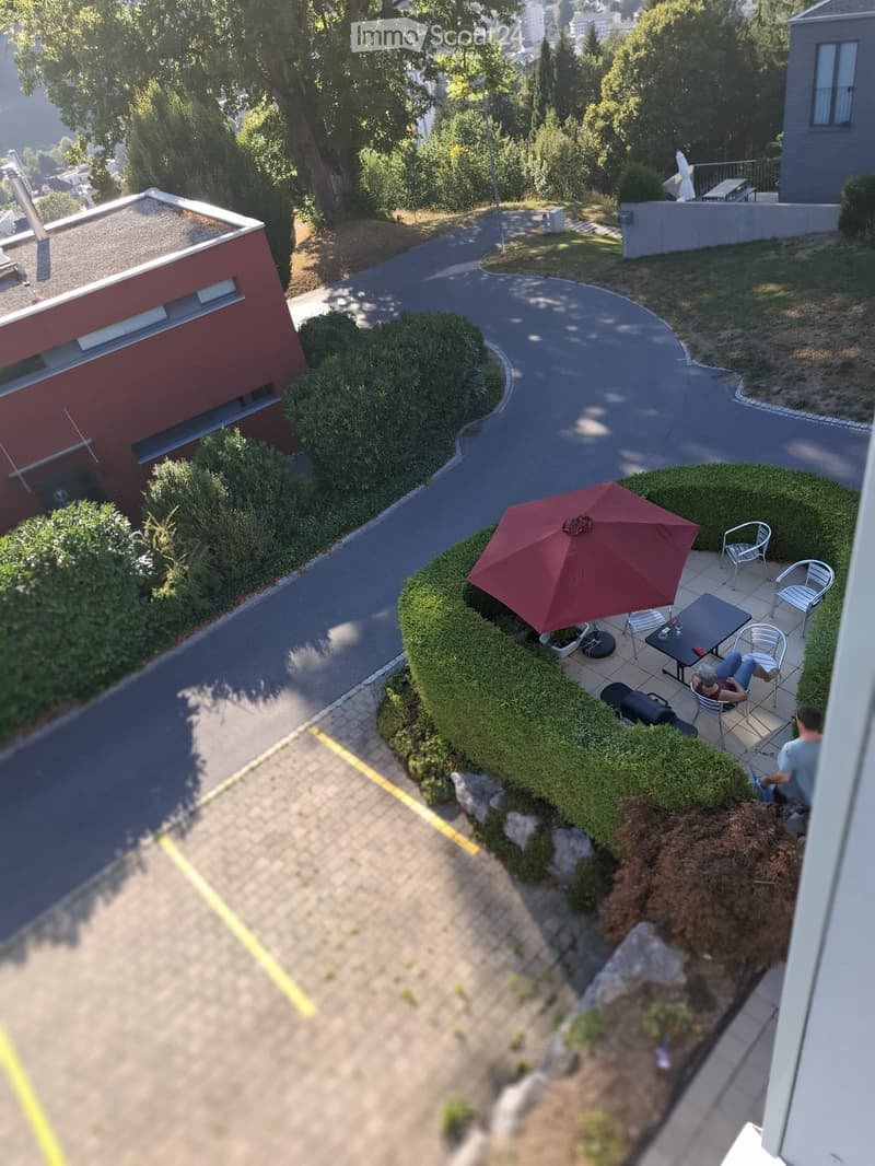 Outdoor patio area with a table, chairs, and an umbrella, surrounded by greenery and a curved driveway.