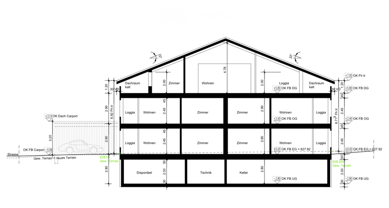 Floor plan of a multi-level building with labeled rooms including living spaces, bedrooms, loggias, attic spaces, and technical areas.
