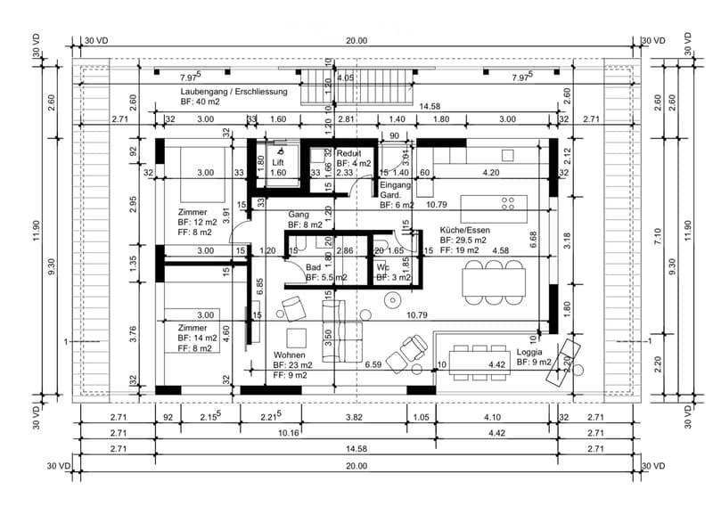 Floor plan of a residential unit showing a living area, kitchen/dining area, bedroom, bathroom, hallway, entrance, and loggia.