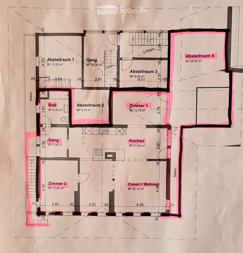Floor plan showing a layout with multiple rooms including a kitchen, living/dining area, two bedrooms, a bathroom, and several storage rooms.