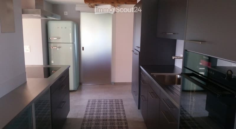 Modern kitchen with grey cabinets, stainless steel appliances, and a light green vintage refrigerator. Features a sink, oven, and a decorative rug on the floor.