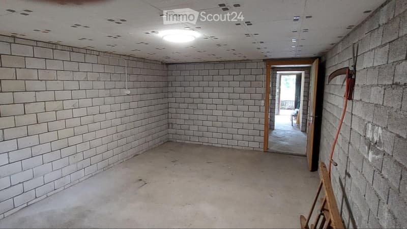Empty room with exposed brick walls and a concrete floor, featuring a wooden door leading to another space.