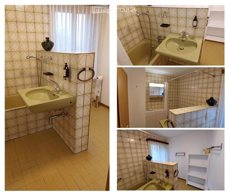 Four images of a vintage-style bathroom with beige tiles, a sink, bathtub, mirror, and decorative vase. The bathroom features classic fixtures, a towel rack, and a toilet paper holder.