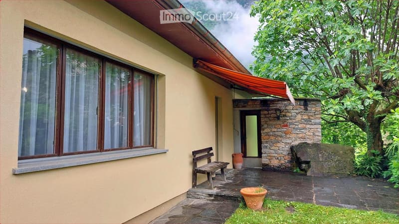 A small outdoor area with a stone pathway, a wooden bench, and potted plants near a house entrance.