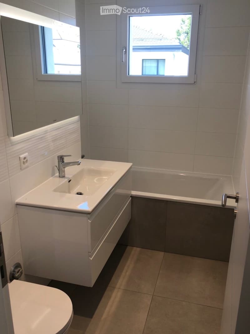 Modern bathroom with a white sink, chrome faucet, bathtub, and large mirror. The room features tiled walls and floor with two windows providing natural light.