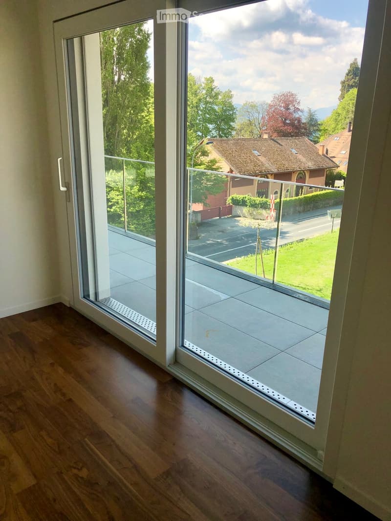 Modern balcony with glass railing, wooden floor, and scenic view of greenery and houses.
