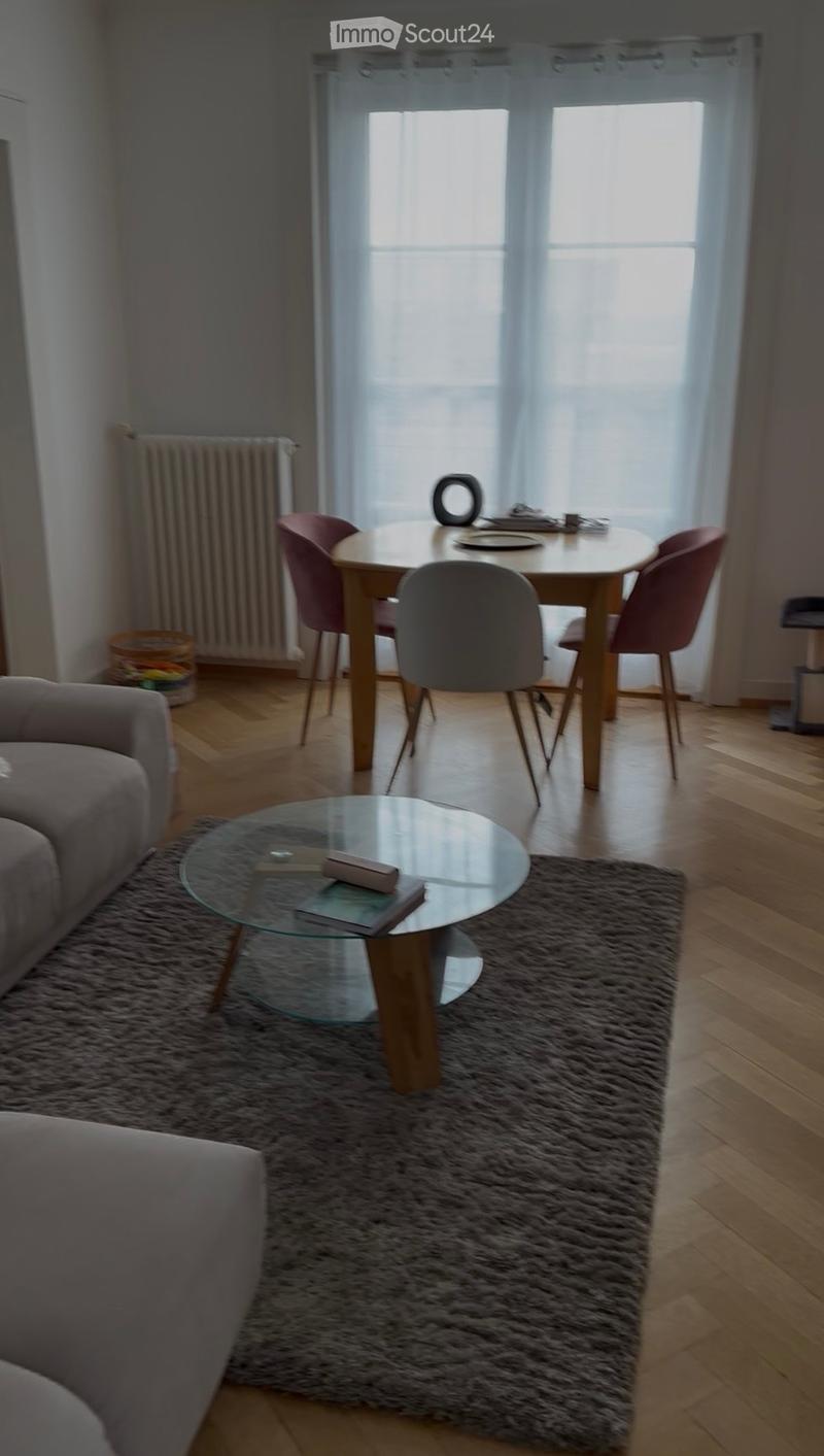 Living and dining area with a grey sofa, glass coffee table, dining table with chairs, and a radiator.