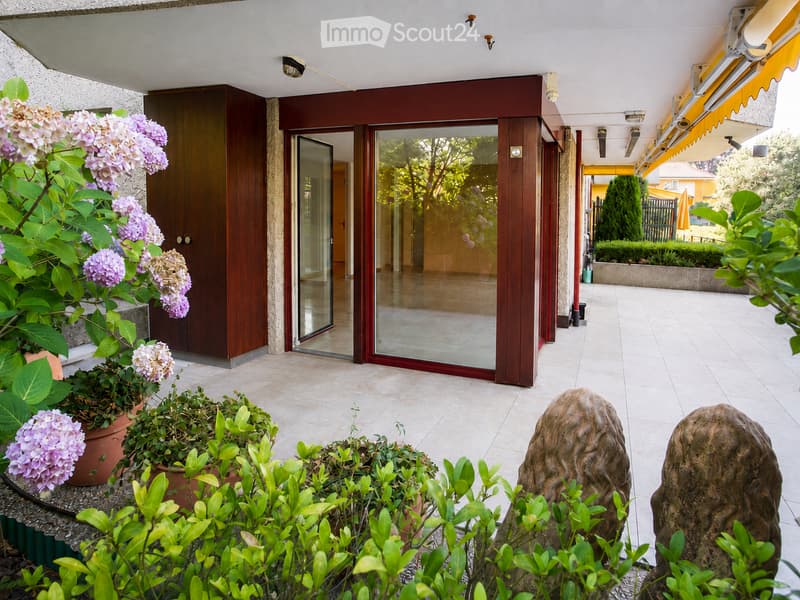 A well-maintained outdoor area with tiled flooring, potted plants, and sculptures. Features include a wooden door, glass sliding doors leading to an interior space, and a small garden with trimmed hedges and trees.