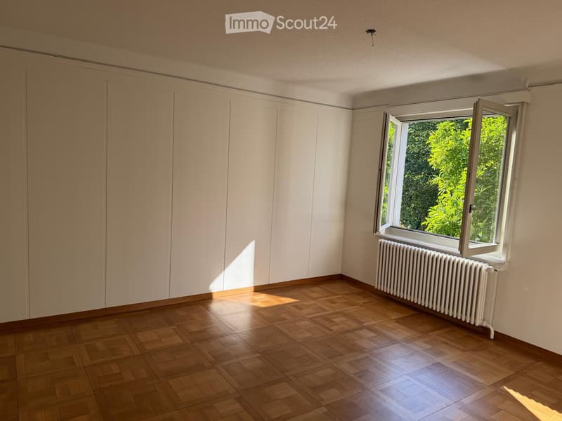Empty room with wooden flooring, white walls, large window with open shutters, radiator, and built-in closet.