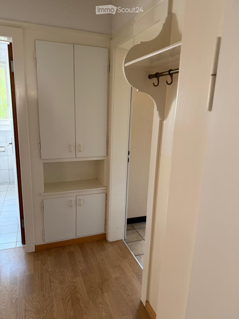 Empty hallway with light wooden flooring, white walls, built-in storage cabinets, and a coat rack with hooks.