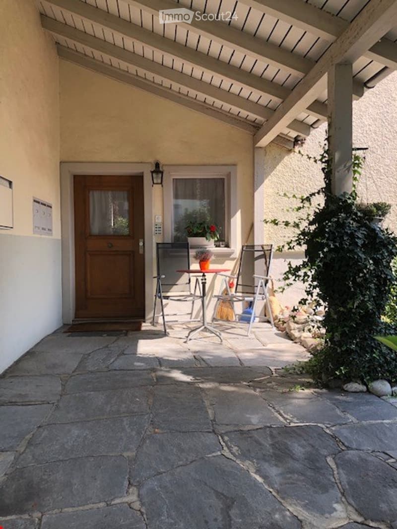 Outdoor patio area with stone flooring, wooden door, small table with chairs, and a flower pot on the table.