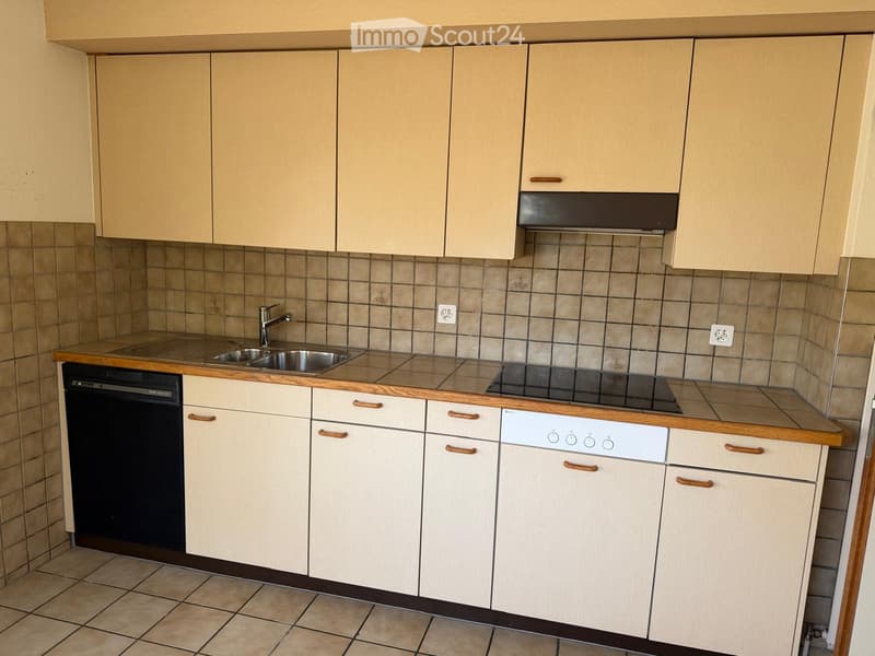 Modern kitchen with light wood cabinets, tiled walls, and a stainless steel sink and dishwasher.