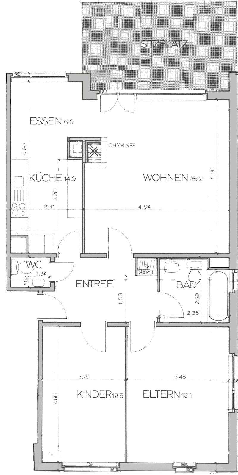 Floor plan of a house with labeled rooms including living area, dining area, kitchen, bathroom, entrance, children's room, parents' room, and a seating area.