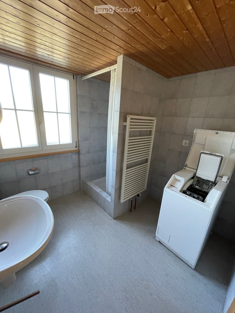 Bathroom with a bathtub, toilet, shower area, radiator, and a washing machine. The room has wooden slanted ceilings and tiled walls.