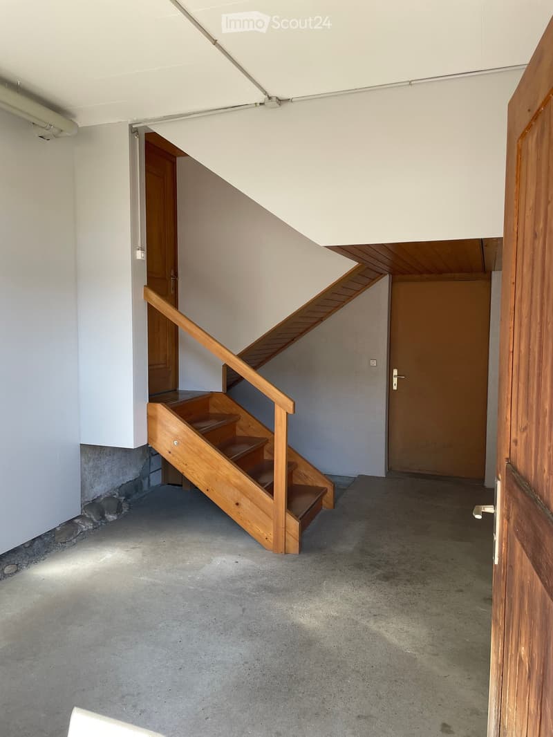 Modern hallway with a wooden staircase leading upwards, concrete floor, white walls, and wooden doors.