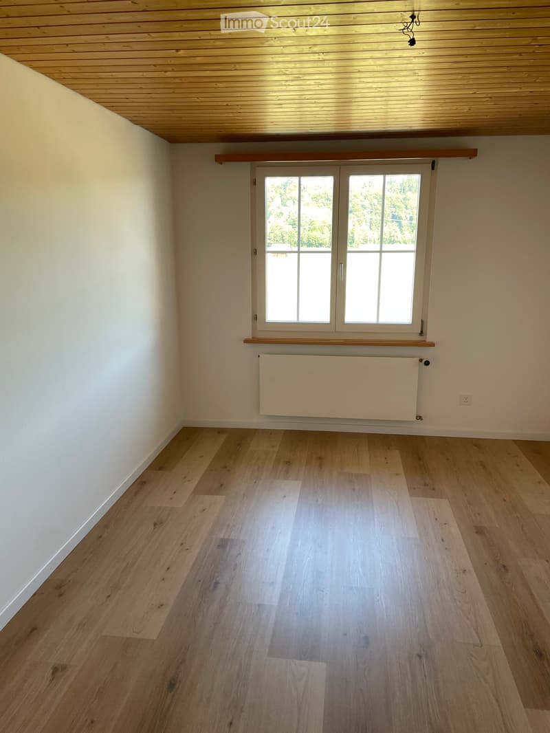 Empty room with light wooden flooring, white walls, a large window with double doors, and a radiator below the window.