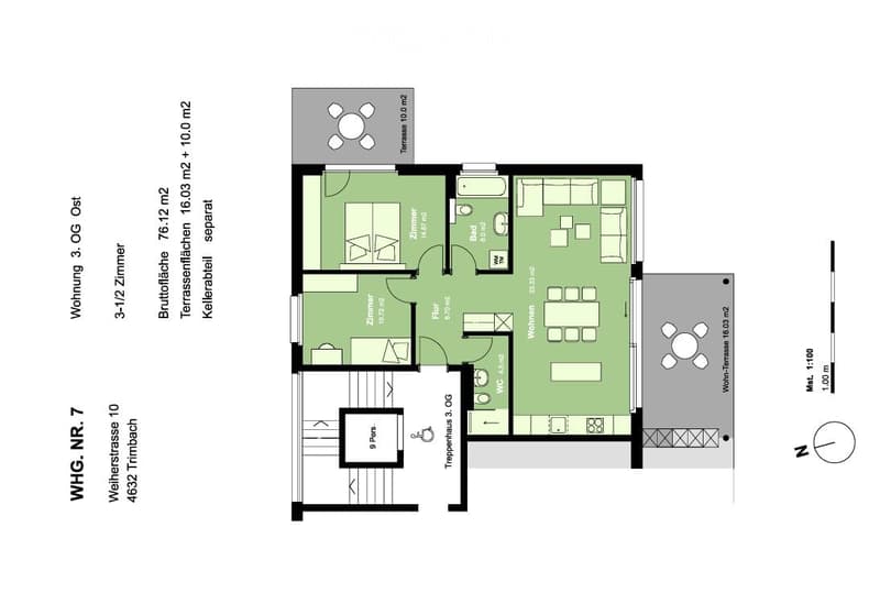 Floor plan of a 3-room apartment with a living room, kitchen, bedroom, and bathroom. Includes a separate entrance, staircase, and terrace.