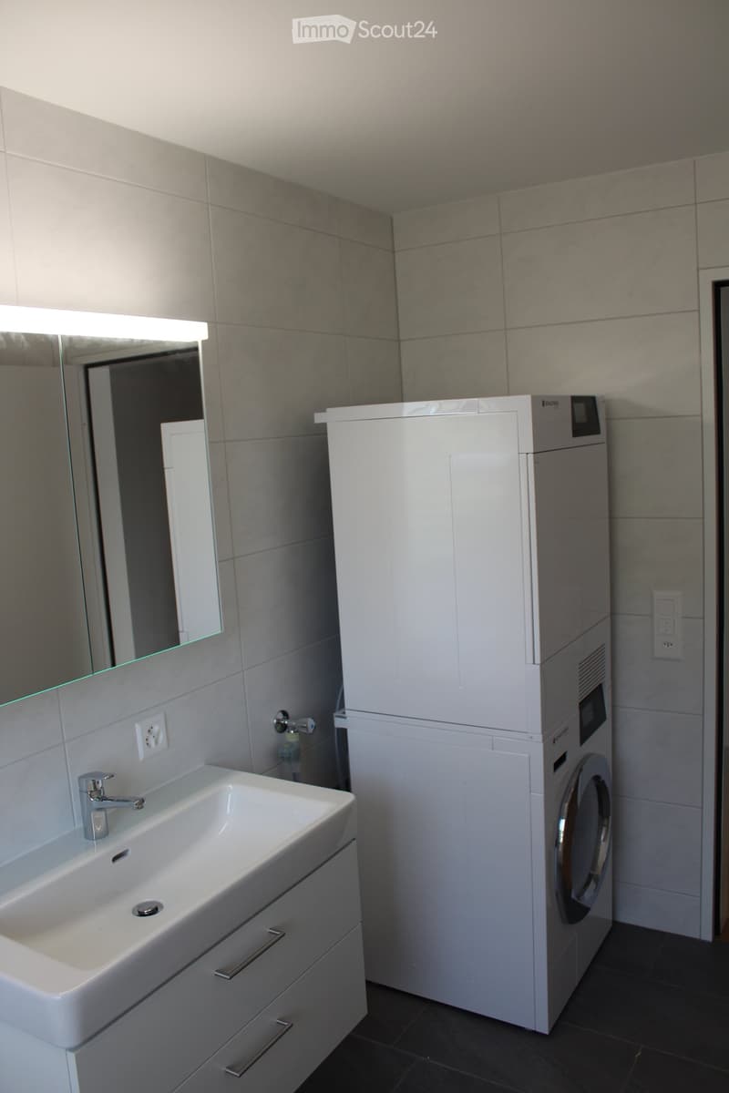 Modern bathroom with a white sink, chrome faucet, mirror, and a stacked washer/dryer unit.