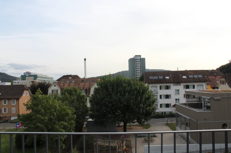 View from a balcony overlooking a residential area with houses, trees, and a modern high-rise building in the background.