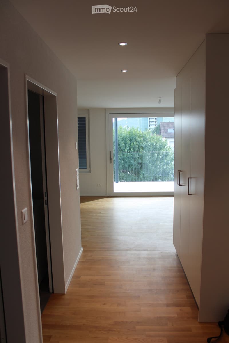 Modern hallway with wooden flooring, recessed ceiling lights, and a large sliding glass door leading to a balcony with a view of greenery.