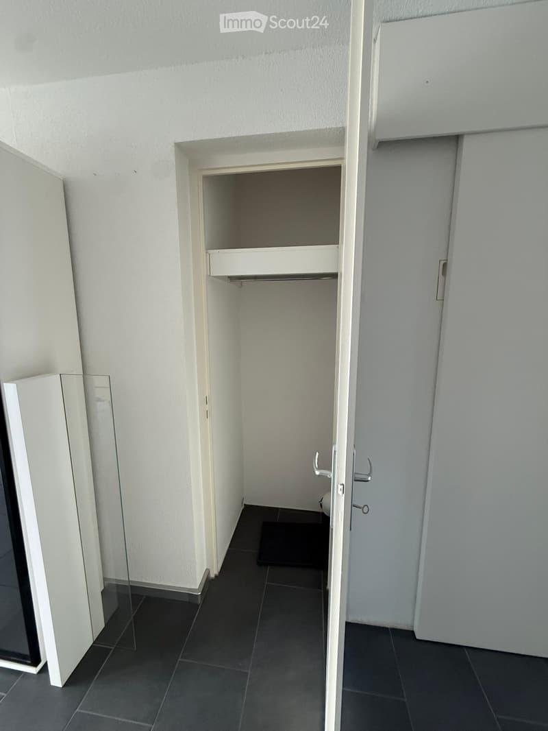 Empty hallway with white walls, dark tiled floor, and a small closet with white shelves.