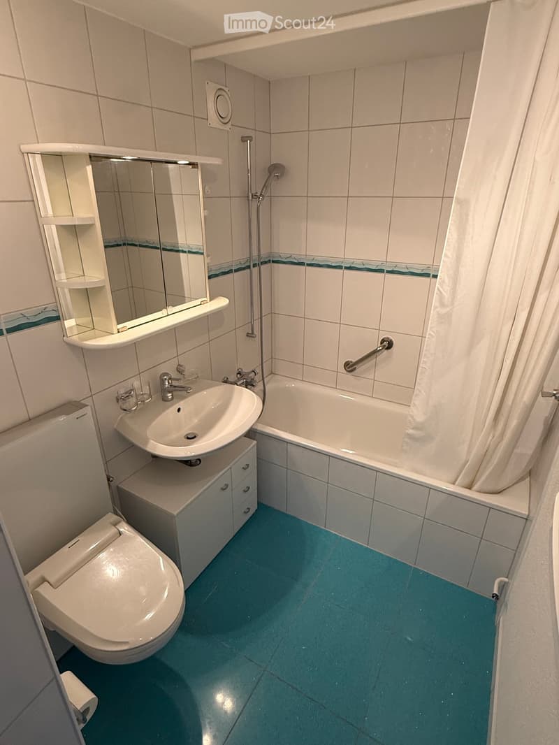 Bathroom with a toilet, sink, bathtub, mirror, and cabinet. The floor is teal, and the walls are tiled with a decorative border.