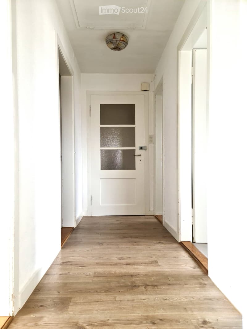 A long, narrow hallway with light wooden flooring, white walls, and a central ceiling light fixture. A white door with a frosted glass panel is visible at the end of the hallway.