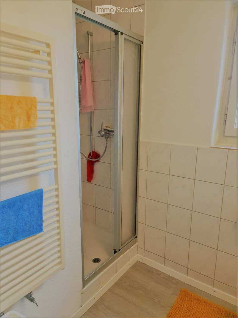 Modern bathroom with a glass-enclosed shower, tiled walls, a radiator with towels, and a small orange bath mat on the floor.