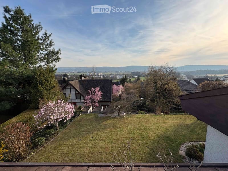 Garden with green lawn, flowering trees, and distant cityscape view.