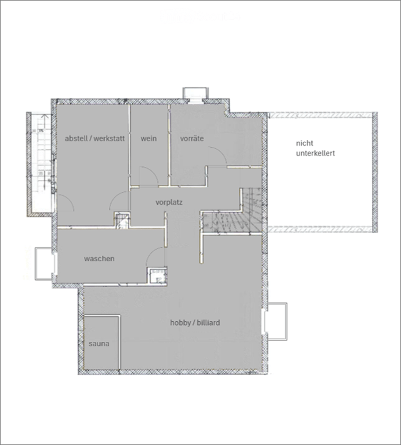 Floor plan showing multiple rooms including a storage/workshop, wine storage, pantry, hallway, laundry area, hobby/billiard room, sauna, and an unbasemented area.